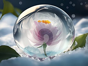 A pink flower in an ice ball. The concept of survival in extreme conditions. The generation of artificial intelligence