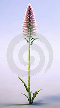 Pink flower with long stem, standing alone in middle of an empty field. It is positioned on top of blue background
