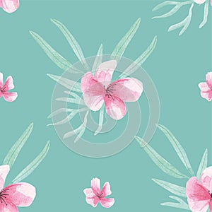 Pink Flower Pattern Seamless Floral Watercolor Aqua Green Leaves Leaf Berries Blooms