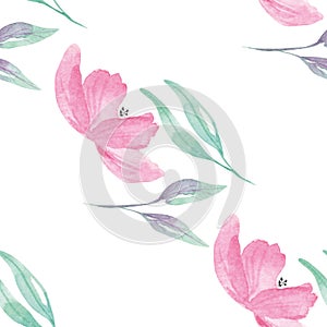 Pink Flower Pattern Seamless Floral Watercolor Aqua Green Leaves Leaf Berries Blooms