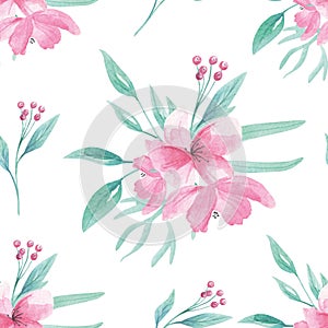 Pink Flower Pattern Seamless Floral Watercolor Aqua Green Leaves Leaf Berries Blooms