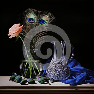 a pink flower with peacock feather in the transparent vase on black background generative AI