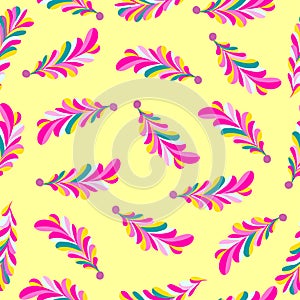 Pink flower petals abstract vector seamless pattern on a yellow background