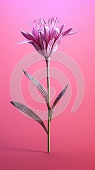 Pink flower with purple petals, sitting in center of red background. The flower is positioned on top of stem or stalk