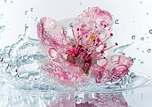 A pink flower is splashed into water