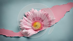 Pink flower through torn blue paper with copy space