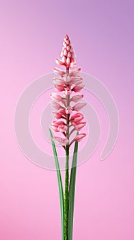 Pink flower in vase, sitting on top of purple background. The flower is positioned at center of frame and appears to be