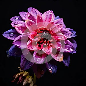 Pink flower with water drops isolated on black background. Flowering flowers, a symbol of spring, new life