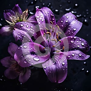 Pink flower with water drops isolated on black background. Flowering flowers, a symbol of spring, new life