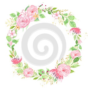Pink flower wreath watercolor hand drawn raster frame