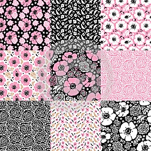 Pink flowers and beige leaves. Patchwork seamless pattern. Vector floral patterns set. Hand-drawn artistic illustration.