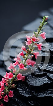 Pink Flowers On Black Wall: Tactile Landscapes In Rubber Stone Style