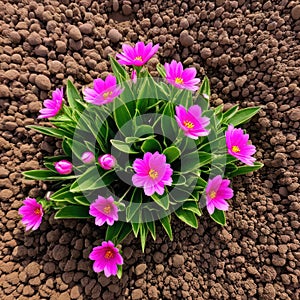 Pink flowers bloom on the dried soil. Concept - healing the Earth