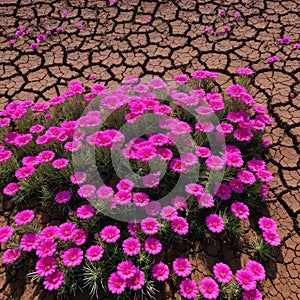 Pink flowers bloom on the dried soil. Concept - healing the Earth