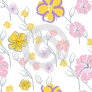 Pink Flowers Blooming Pattern. Pastel Watercolor.