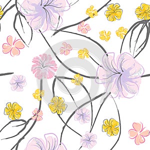 Pink Flowers Blooming Pattern. Pastel Watercolor.