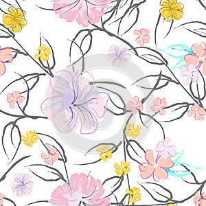 Pink Flowers Blooming Pattern. Pastel Watercolor.