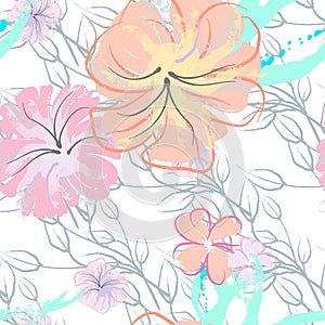 Pink Flowers Blooming Pattern. Pastel Watercolor.