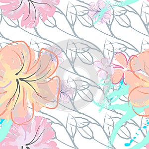 Pink Flowers Blooming Pattern. Pastel Watercolor.