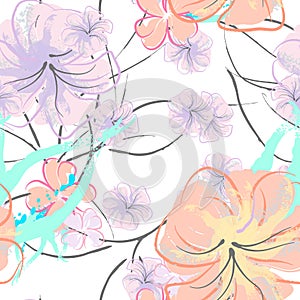 Pink Flowers Blooming Pattern. Pastel Watercolor.