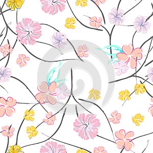 Pink Flowers Blooming Pattern. Pastel Watercolor.