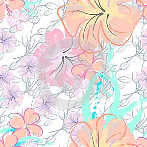 Pink Flowers Blooming Pattern. Pastel Watercolor.