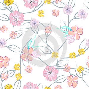 Pink Flowers Blooming Pattern. Pastel Watercolor