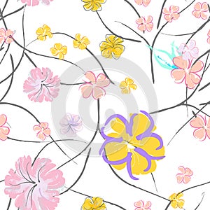 Pink Flowers Blooming Pattern. Pastel Watercolor.