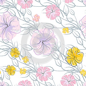 Pink Flowers Blooming Pattern. Pastel Watercolor.