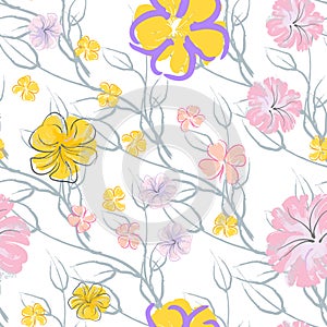 Pink Flowers Blooming Pattern. Pastel Watercolor.