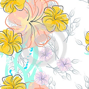 Pink Flowers Blooming Pattern. Pastel Watercolor.