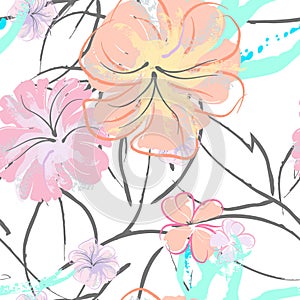 Pink Flowers Blooming Pattern. Pastel Watercolor.