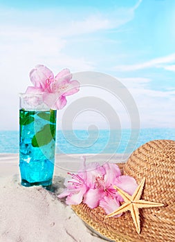 Pink flowers on blue ocean