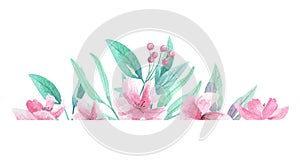 Pink flowers Border Frame Watercolor Aqua Green Arch Floral Blooms