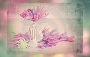 Pink flowers bouquet in pastel colors and shabby chic style, decoration. Retro, romantic scene with spring flowers, vintage frame