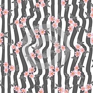 Pink flowers bouquets grey white stripes vector floral pattern. Elegant retro background