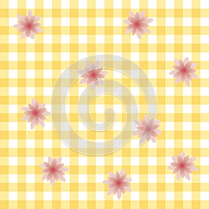 Pink flowers on checkered background - vector endlessly