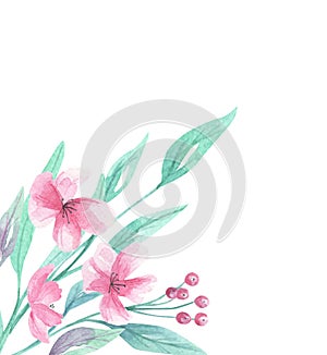 Pink flowers Corner Frame Watercolor Aqua Green Arch Floral Border Blooms