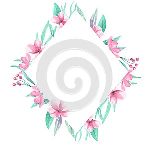 Pink flowers Diamond Frame Watercolor Aqua Green Arch Floral Border Blooms
