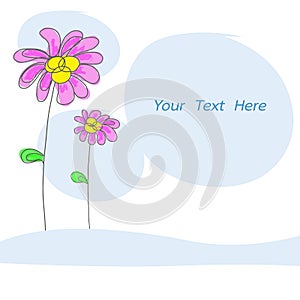 Pink flowers doodle with blue space for text