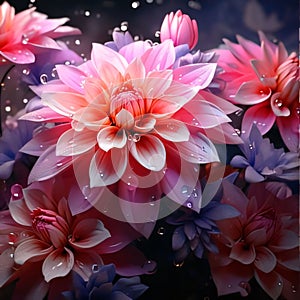 Pink flowers with drops of water, dew, rain on a dark background. Flowering flowers, a symbol of spring, new life