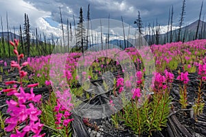 Pink flowers fireweed resiliently blooming in a post-wildfire landscape, a symbol of hope and regeneration amidst