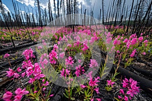 Pink flowers fireweed resiliently blooming in a post-wildfire landscape, a symbol of hope and regeneration amidst