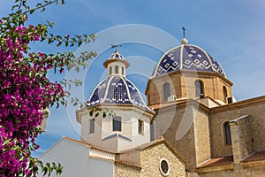 Pink flowers in front of the blue domes of the Altea church