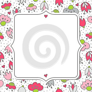 Pink flowers and hearts on white with retro frame card