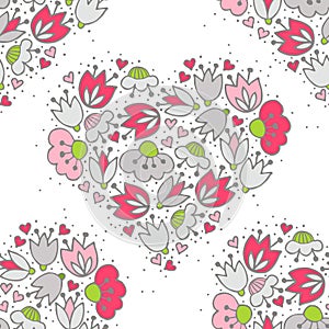 Pink flowers and hearts on white romantic seamless pattern