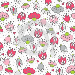 Pink flowers and hearts on white seamless pattern