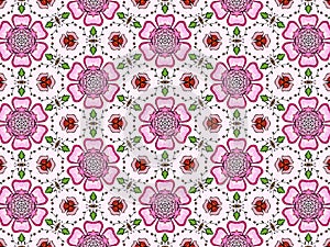 Pink flower green leaf arabesque pattern fabric textiles background photo
