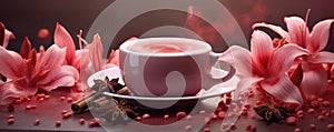 Pink flowers, leaves and coffee cup on dark background. Drinking cappuccino in summer or spring, coffee break