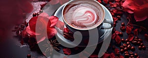Pink flowers, leaves and coffee cup on dark background. Drinking cappuccino in summer or spring, coffee break